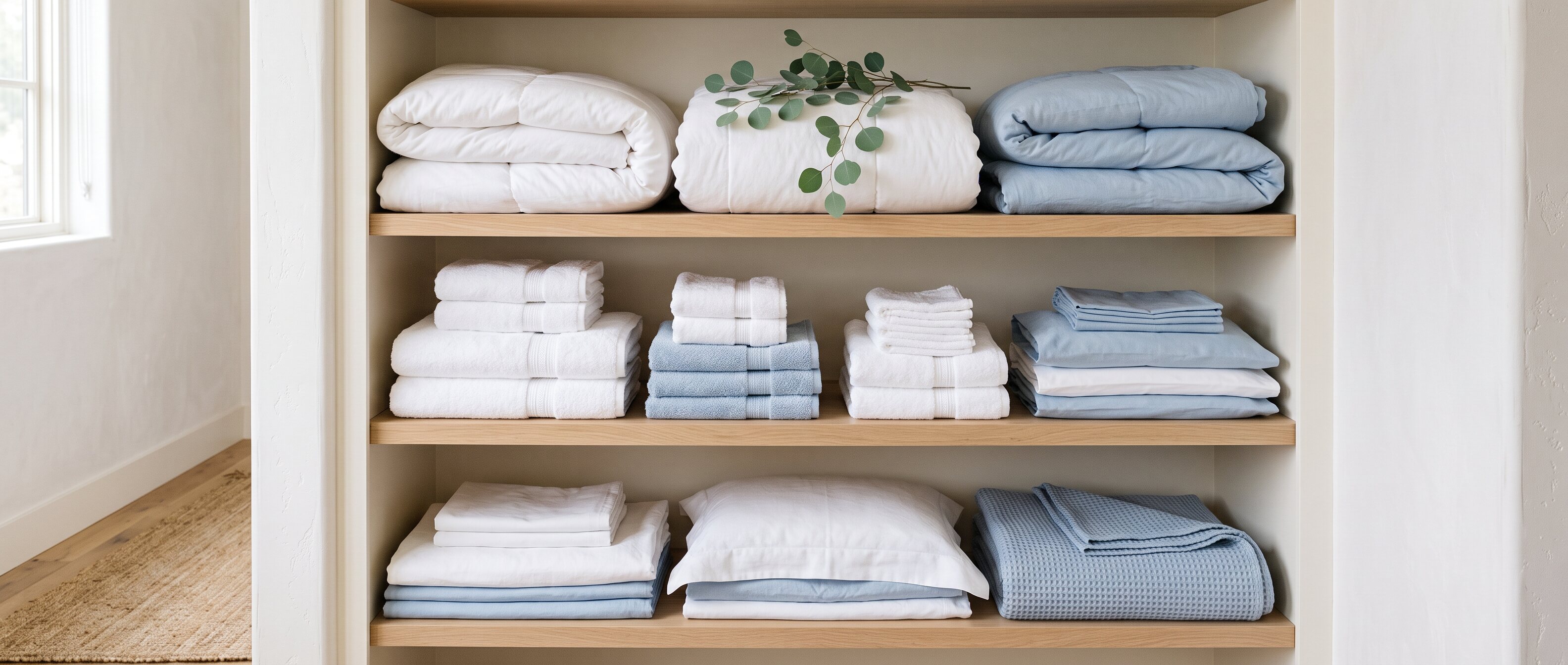 Folded fresh linens on warm ivory shelving