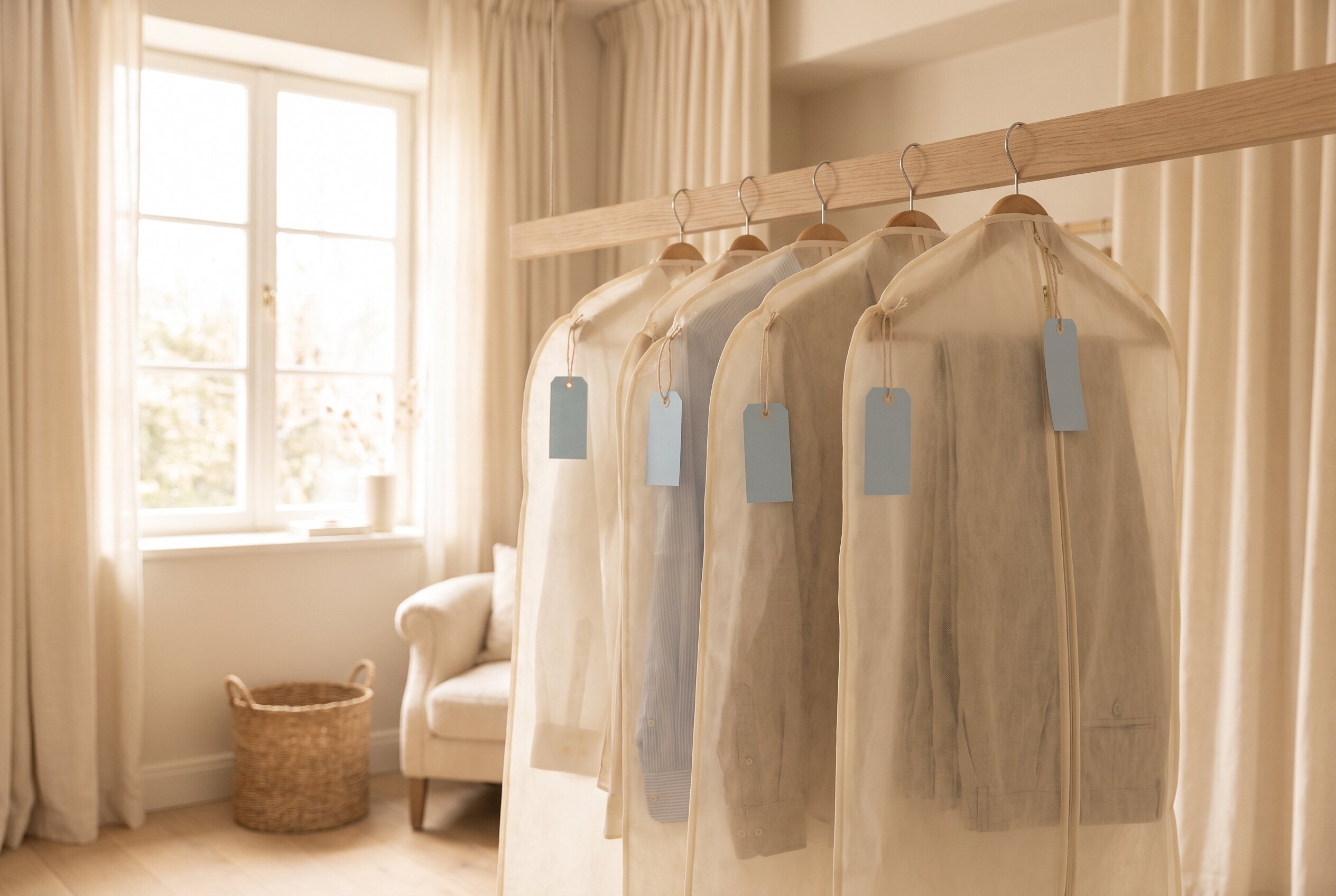 Freshly pressed garments in protective bags